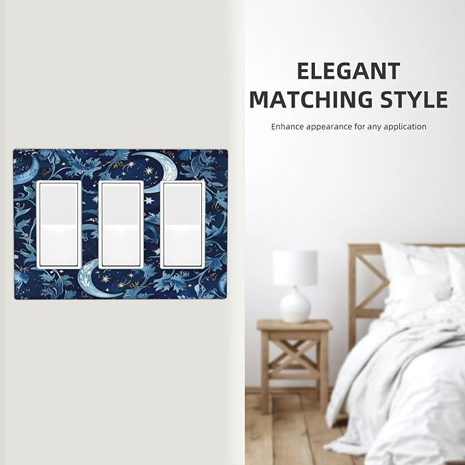 Light Switch Covers Vintage Moon And Flowers Decor Floral William Morris 3 Gang Rocker Electrical GFCI Decorative Triple Outlet Wall Plate Cover Switchplate for Bedroom Kids room Decor
