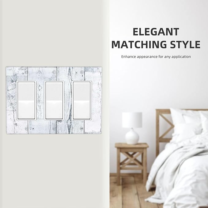 Light Switch Covers Vintage Grey White Wood Grain 3 Gang Rocker Electrical GFCI Decorative Triple Outlet Wall Plate Cover Switchplate for Farmhouse Bathroom Decor