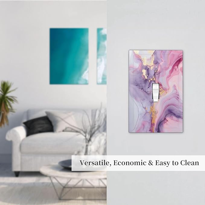 Decorative Light Switch Cover Pink Marble Abstract Purple Gold Texture 1 Gang Single Toggle Device Electrical Faceplate Switchplates Decorator Outlet Wall Plate for Bathroom living Room Decor