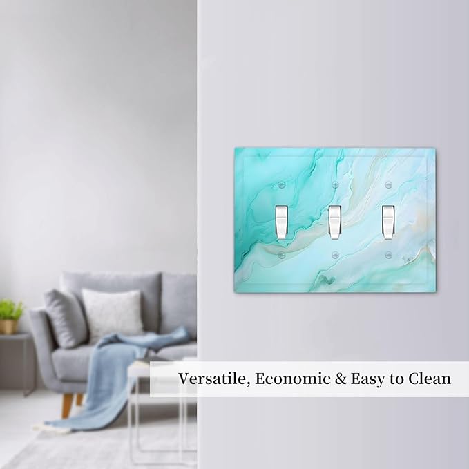 Teal Gold Marbling Turquoise Print Decorative Switch Plates 3 Gang Wall Plate Triple Toggle Light Switch Cover Faceplate Electrical Wall Panels for Bathroom Living Room Home Decor