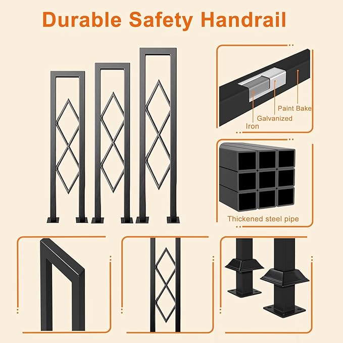 U-Shaped Stair Handrail, Black Wrought Iron Hand Rails Decorative Railing for Indoor Stairs, Porch Deck Loft Corridor Safety Non-Slip Support Poles, with Diamond Pattern (2.8FT/85CM)