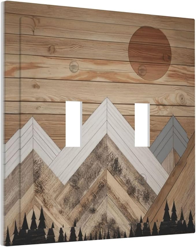 Wooden Planks Mosaic Snow Mountain Sun Decorative Switch Plates 2 Gang Double Toggle Outlet Light Switch Cover Wall Plate Electrical Faceplate for Farmhouse Home Decor