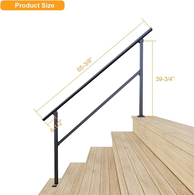 DIYHD 5 Step Handrail for Outdoor,Powder Coated Iron Stair Railing,Black Hand Rails for Indoor, Porch,Deck,1 Pack