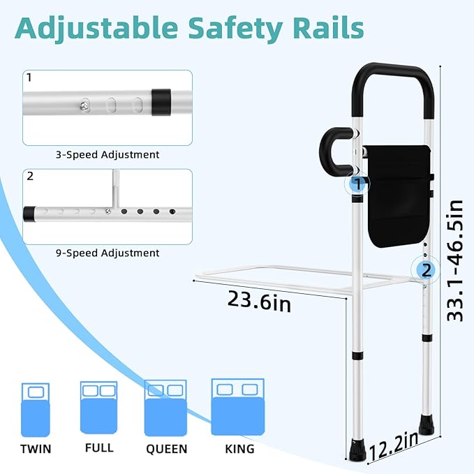 Bed Rails for Elderly Adults Safety - Adjustable Bed Assist Rails for Full Size, Portable Bed Cane for Seniors With Storage Pocket, Hold Up to 330 Lbs, Easy Setup, Bedside Safety and Stability