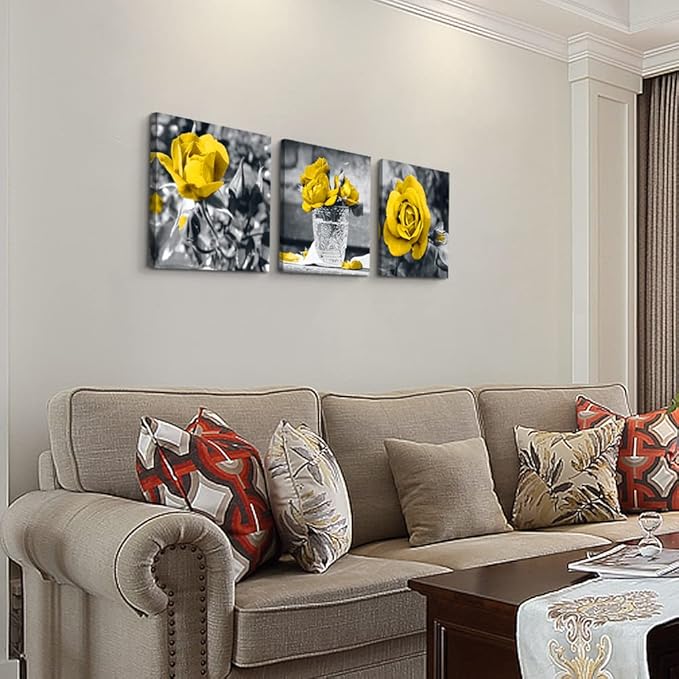 Canvas Wall Art - Bedroom, Kitchen, Living Room, Girls Room Decor - Black And White Wall Pictures - Yellow Rose Flowers - 3 Piece Set