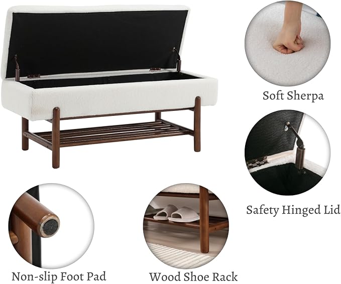 EALSON Modern Storage Ottoman Bench Sherpa Upholstered End of Bench with Seating and Wood Shoe Rack Long Entryway Bench for Bedroom/Living Room/Foyer, White