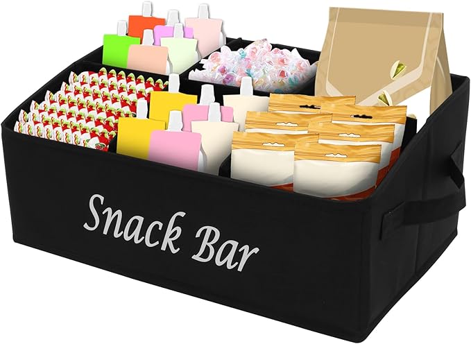Snack Organizer for Countertop, 6 Compartment Snack Basket Container, Trapezoid Fabric Snack Bin Holder with Side Handles,Lightweight Snack Bar Station Organizer, Kitchen Pantry Storage (Black)