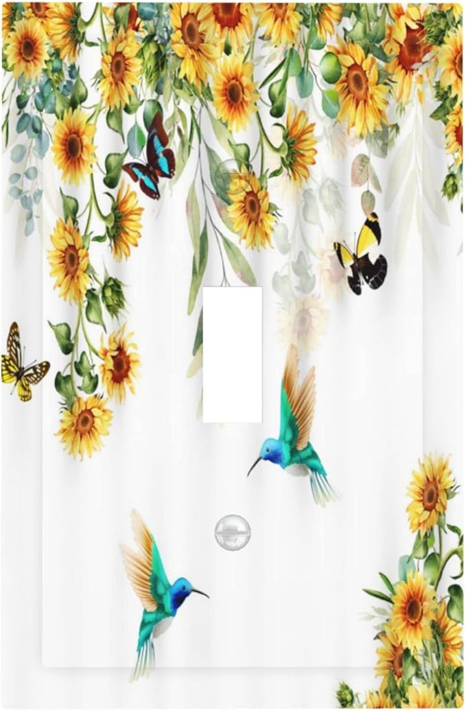 Yellow Sunflower Blue Hummingbird Butterfly Single Toggle Light Switch Covers Decorative Rustic Farmhouse Floral Botanical Plant 1 Gang Wall Plates Cover Electrical Switchplate for Bathroom