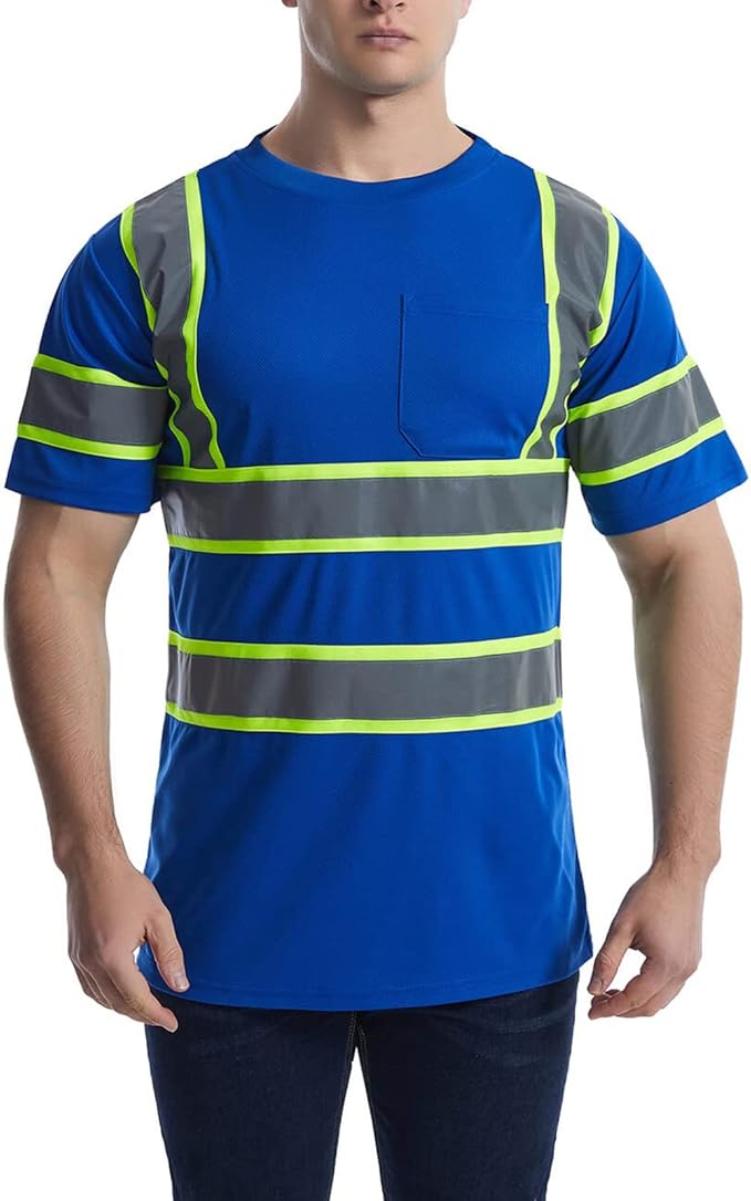 High Visibility Shirts Quick Dry Safety T Shirts with Reflective Strips and Pocket Short Sleeve Mesh Hi Vis Construction Work Class 2 Shirt for Men/Women Blue,2XL
