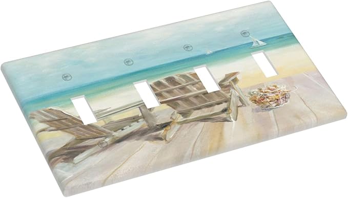 Light Switch Cover Beach Chair Seascape Blue Ocean 4 Gang Switch Plate Quad Toggle Wall Plates Modern Coastal Decorative Switchplate Electrical Outlet Cover Plates for Bathroom Bedroom Decor
