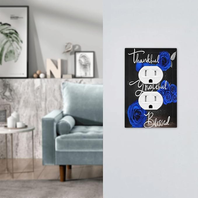 Outlet Covers Blue Rose Thankful Grateful Blessed 1 Gang Duplex Light Switch Cover Plate Romantic Blue Floral Decorative Wall Plates Electrical Switchplate Receptacle Cover for Home Decor