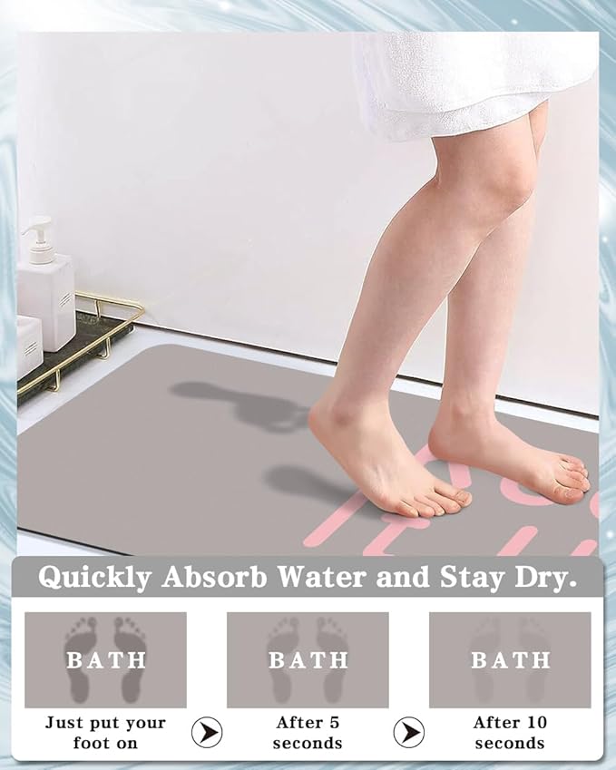 Bath Mat - Super Absorbent Non Slip Quick Dry Thin Rubber Mats for Bathroom Floor, Fit Under Door, Shower Rug for Bathtub, Beige