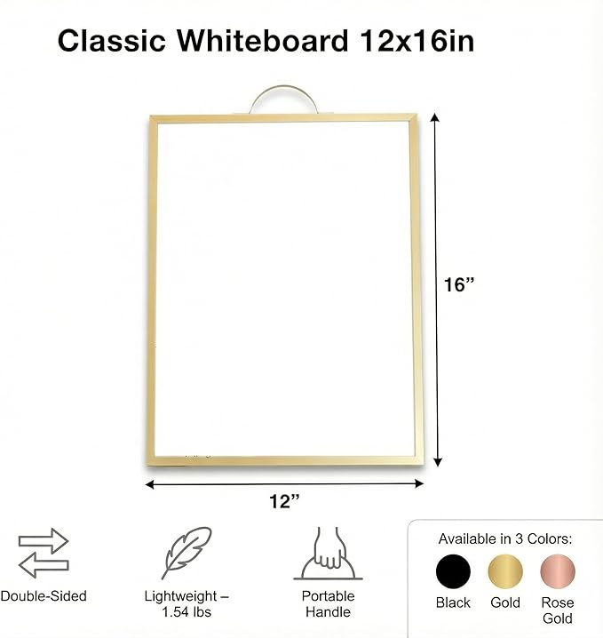 Small Whiteboard 12 x 16 Inch Magnetic Dry Erase Board with Handle | Gold Aluminum Frame | Double-Sided Planner Board with Weekly & Monthly Sheets | 3 Markers, Eraser & 2 Magnets