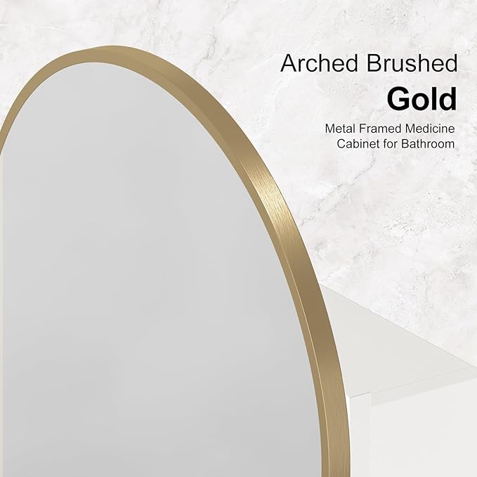 Recessed Medicine Cabinet for Bathroom,Brushed Gold Arched Medicine Cabinet with Mirror,Arch Mirrored Medicine Cabinets Recessed,Bathroom Mirror with Storage,Open from Left to Right 20x30