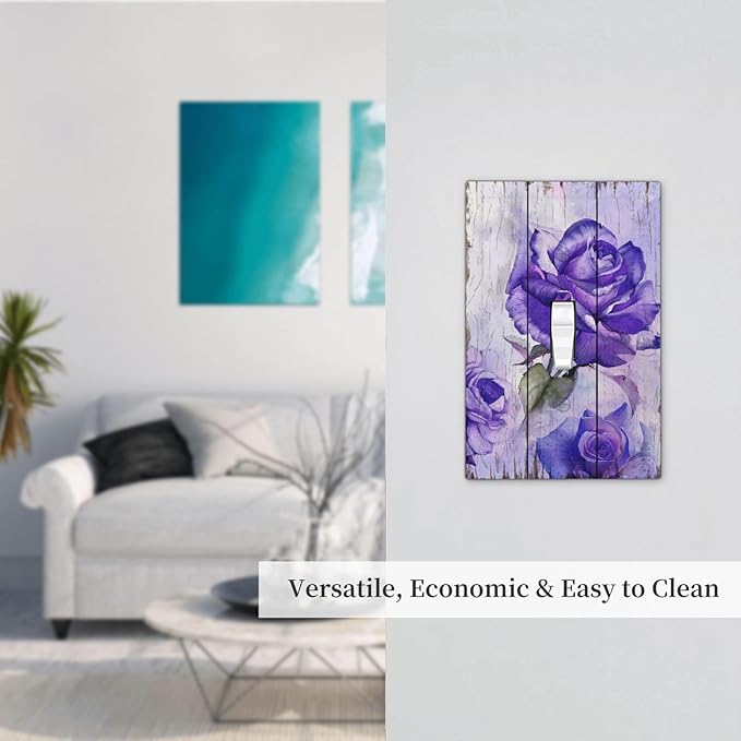 Light Switch Cover Purple Rose Flower Rustic Wood Plank 1 Gang Wall Plate Cover Single Toggle Outlet Covers Decorative Switchplate Electrical Faceplate for Farmhouse Bathroom Decor