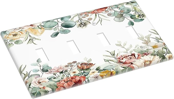 Light Switch Covers Vintage Boho Floral Leaves Rustic Sage Botanical Quad Toggle Electrical Faceplate 4 Gang Wall Plate Decorative Switch Plates for Bedroom Home Decor