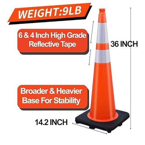(4 Cones) BESEA 36” inch Orange PVC Traffic Cones, Black Base Construction Safety Cones Road Parking Cone Structurally Stable Wearproof (36" Height)