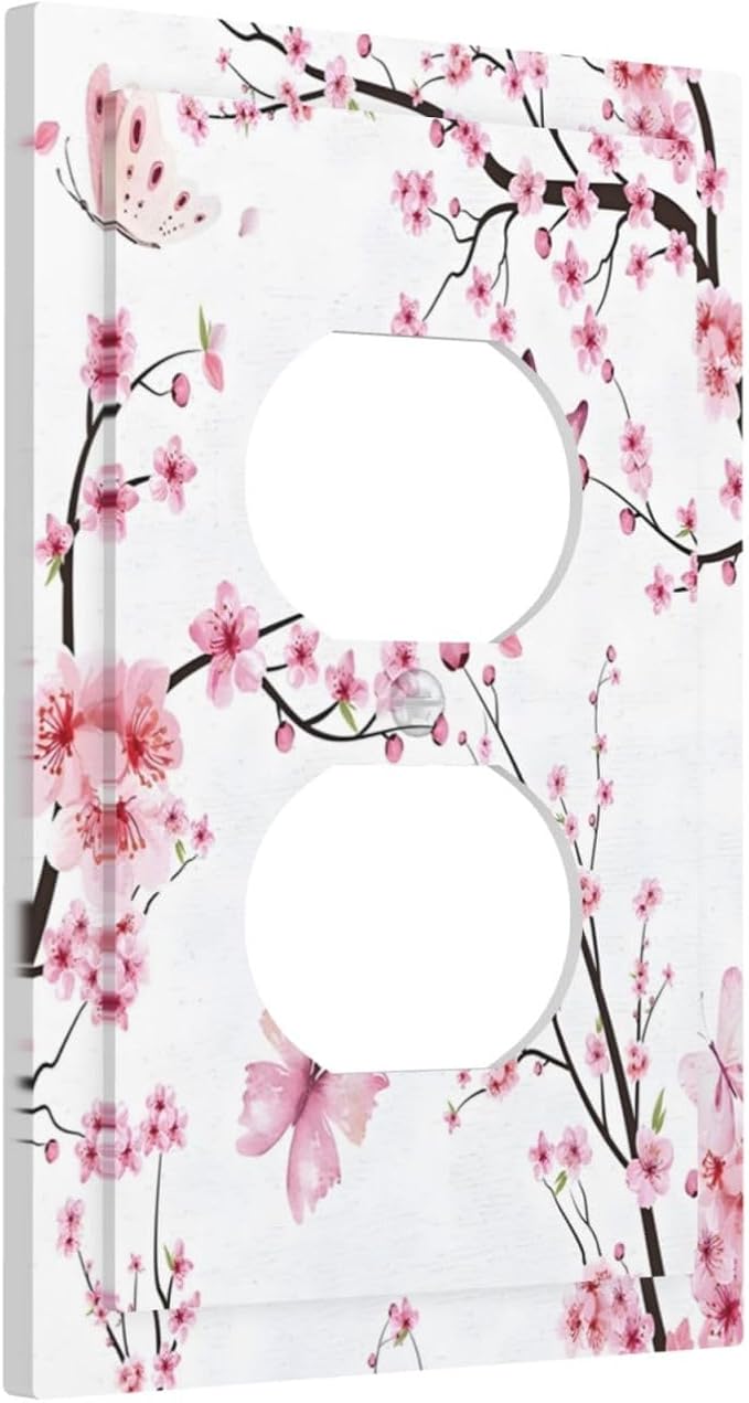 Cherry Floral Watercolor Pink Flowers Butterfly Outlet Covers 1 Gang Duplex Light Switch Cover Decorative Switch Plates Electrical Receptacle Faceplate Wall Plate for Bed Room Living Room Decor