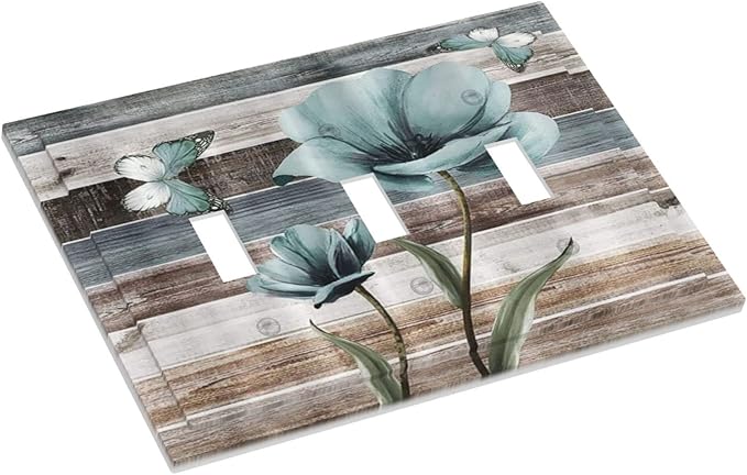 Rustic Vintage Teal Floral Barn Wood 3 Gang Light Switch Covers Decorative Triple Toggle Wall Plate Cover Turquoise Flower Butterfly 3 Hole Electrical Device Switchplate for Farmhouse Bathroom