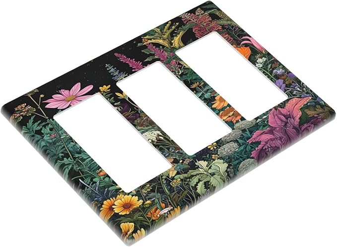 Decorative Outlet Covers Colorful Floral Dark Sky Wildflower Plants 3 Gang Gfci Wall Plate Triple Rocker Light Switch Cover Plate Switch Plate Covers for Bathroom Decor