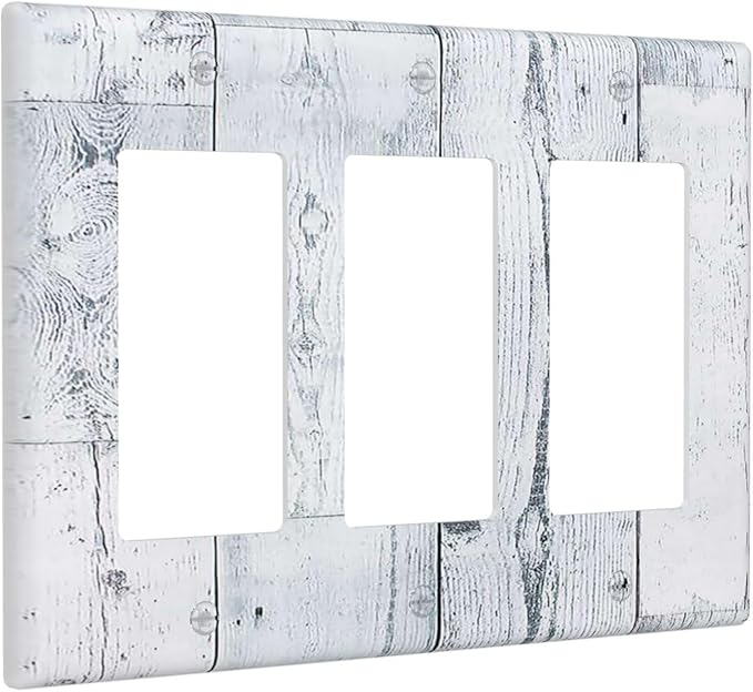Light Switch Covers Vintage Grey White Wood Grain 3 Gang Rocker Electrical GFCI Decorative Triple Outlet Wall Plate Cover Switchplate for Farmhouse Bathroom Decor