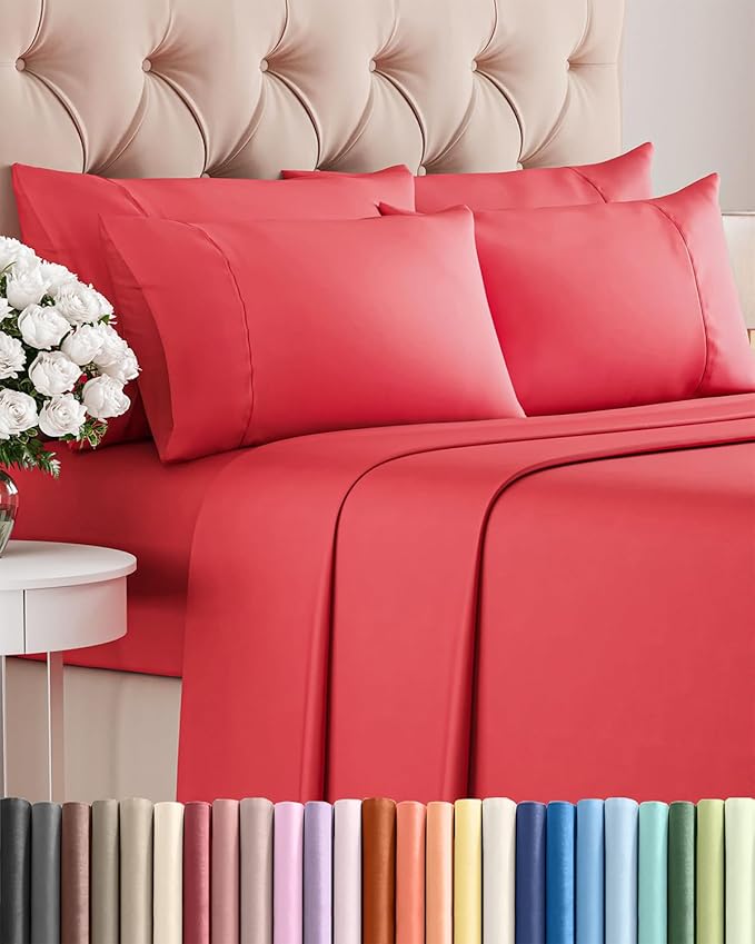 Queen 6 Piece Sheet Set - Cooling & Breathable Bed Sheets - Hotel Luxury Bed Sheets for Women, Men, Kids & Teens - Comfy Bedding with Deep Pockets & Easy Fit - Soft and Wrinkle Free - Queen Red Sheets