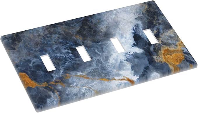 Decorative Switch Plate Covers Gold Dark Blue Gilt Haze Marble 4 Gang Light Switch Cover Plate Quad Toggle Wall Plate Dimmer Faceplate S for Bathroom Decor