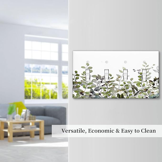 Watercolor Green Eucalyptus Leaves Plants Fruit Light Switch Covers Quad Toggle Electrical Faceplate 4 Gang Wall Plate Decorative Switch Plates for Bed Room Living Room Decor