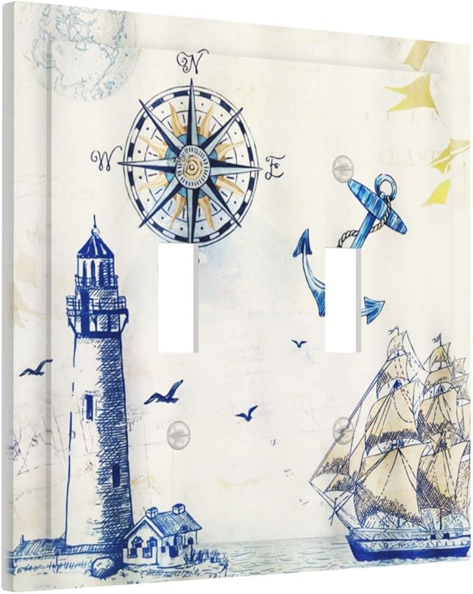 Nautical Sailboat Lighthouse Compass Anchor Double Toggle Light Switch Covers Plate Decorative 2-Gang Wall Plate Cover Rustic Dual Device Electrical Switchplate Faceplate for Country Bathroom