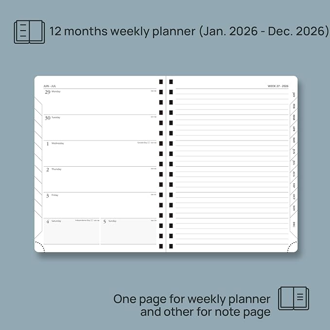 POPRUN 2026 Planner Weekly Notebook (Jan-Dec), Medium 8.5''x 6.5'' - Agenda 2026 Calendar Book with Monthly Tabs, Inner Pocket, Spiral Soft Cover, 100 GSM - Cerulean Blue