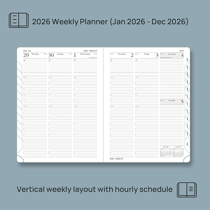 POPRUN 2026 Planner (Medium Size 8.5''x 6.5'' Hardcover) - Daily Weekly and Monthly Calendar Agenda 2026 Appointment Book with Hourly Time Slots, Monthly Tabs, 100 GSM - Violet