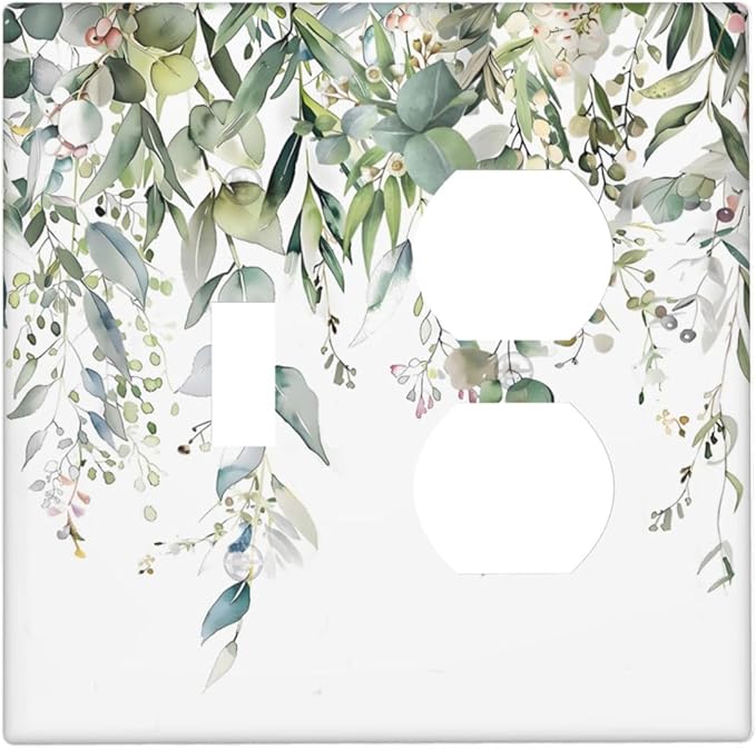 Sage Green Watercolor Eucalyptus Leaves Floral Flowers Wallplates 1 Toggle 1 Duplex Switch Plate Electrical GFCI Faceplate Decorative Light Switch Covers for Farmhouse Bed Room Decor