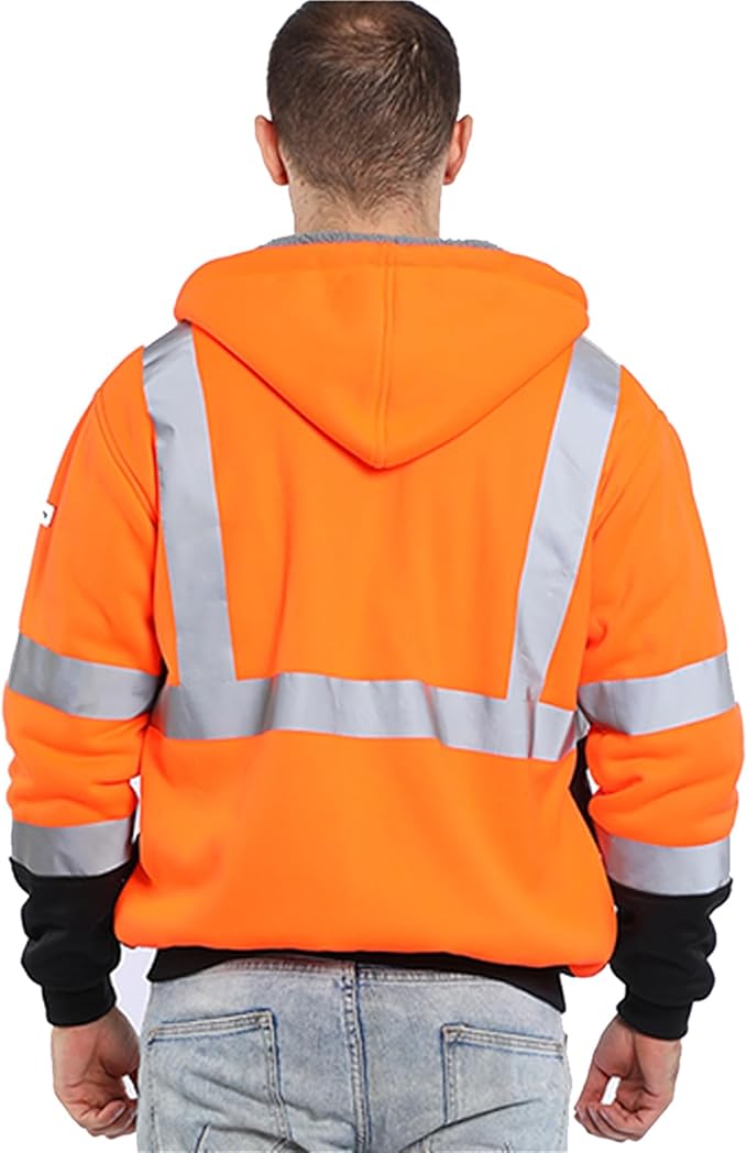 FONIRRA Men's High Visibility Safety ANSI Class 3 Lined Fleece Hoodie Sweatshirt with Black Bottom Jumper Workwear for Men(Orange,M)