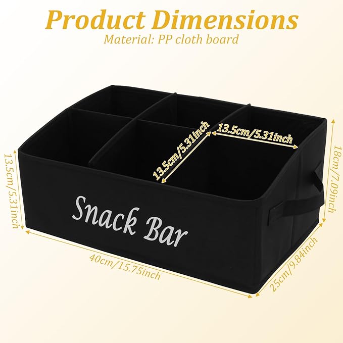 Snack Organizer for Countertop, 6 Compartment Snack Basket Container, Trapezoid Fabric Snack Bin Holder with Side Handles,Lightweight Snack Bar Station Organizer, Kitchen Pantry Storage (Black)