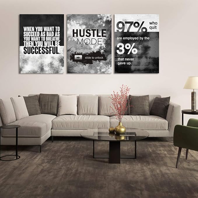 Motivational Office Wall Decor, Inspirational Canvas Wall Art, 3 Pieces Hustle Posters Prints Entrepreneur Success Quote Wall Decor for Lobby Meeting Room Hallway Living Room(72”Wx36”H)