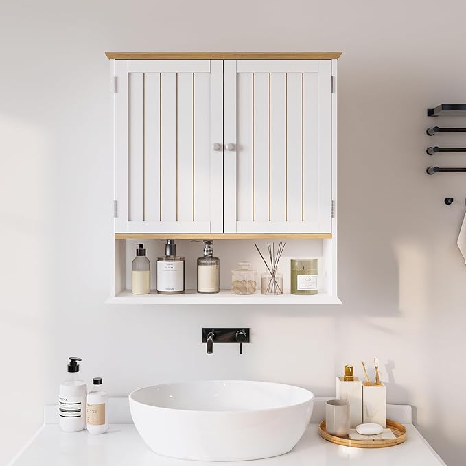Over The Toilet Bathroom Wall Cabinet with 2 Doors & Open Shelf – Space Saving Medicine Cabinet, Wooden Wall Mounted Storage Cupboard for Bathroom Organization White