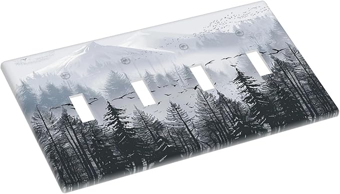 Misty Forest Nature Tree Mountain Birds Light Switch Covers Quad Toggle Electrical Faceplate 4 Gang Wall Plate Decorative Switch Plates for Bed Room Living Room Decor