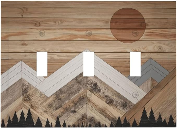 Wooden Planks Mosaic Snow Mountain Sun Decorative Switch Plates 3 Gang Wall Plate Triple Toggle Light Switch Cover Faceplate Electrical Wall Panels for Farmhouse Home Decor