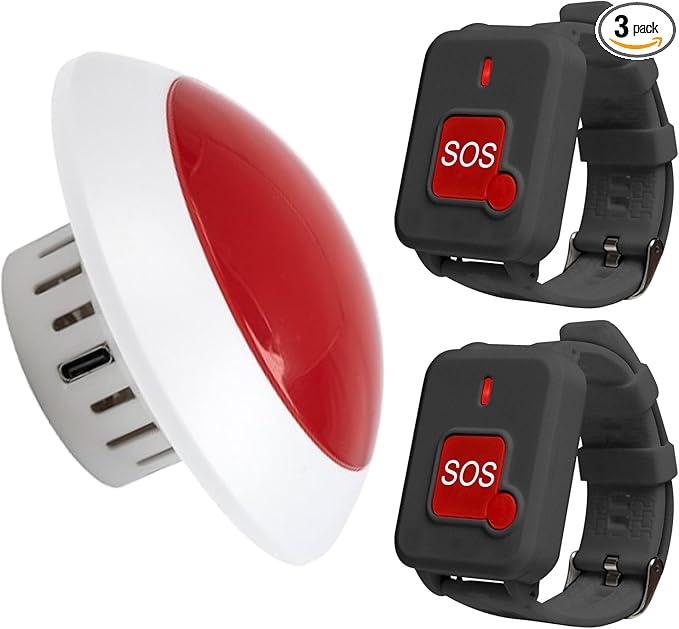 Wireless Caregiver Pager Watch Call Button Strobe Light System for Elderly Disabled Person Life Emergency Alert in Home Hospitals Nurse with 1 Call Light and 2 Wrist Panic Buttons