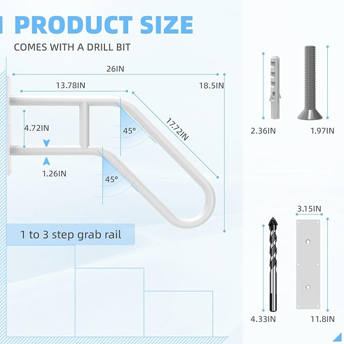 Handrails for Outdoor Steps Wall Mount, Railings for 1-3 Steps, U-Shaped Handrail with Powder Coated Finish, Stair Handrails for Garage, Porch, Yard and Garden (26" Length, 1.25" Pipe, White)