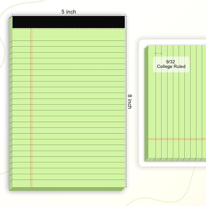 6pcs Small Note Pad 5x8 College Ruled Green Legal Pads Paper Notepads 6 Pack Study Back Writing Pads 5 x 8 Legal Pads Perforated Narrow Ruled Pads of Paper Green