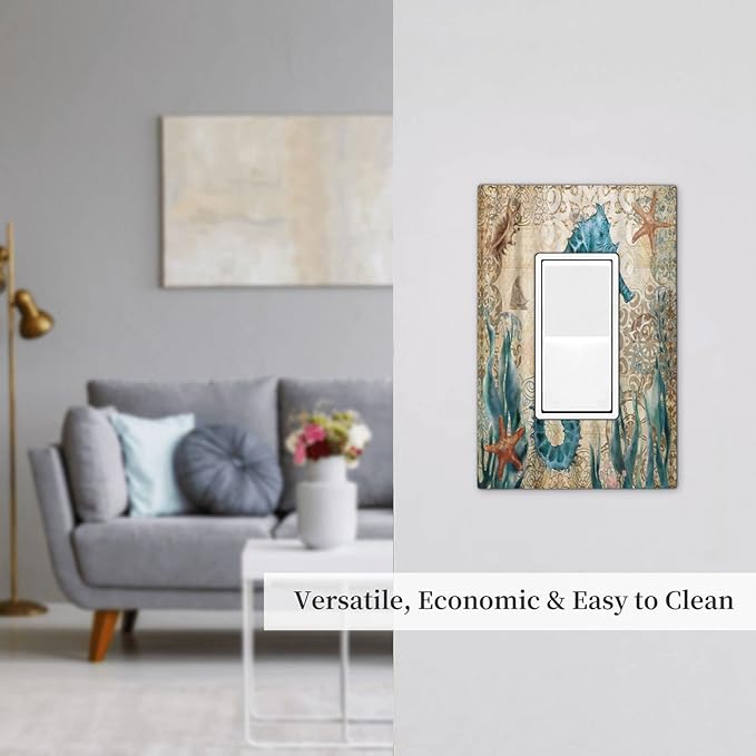 Vintage Blue Seahorse Seaweed Starfish Ocean Nautical Theme Single Rocker Light Switch Cover 1 Gang Outlet Cover Decorative Gfci Electrical Wall Plate Dimmer Switchplate for Farm Home Decora