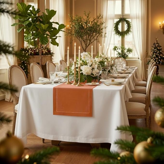 D'Moksha Homes Linen Rust Table Runner 60 Inches - Classic Hemstitch, 100% Pure Linen Coffee Table Runner 14 x 60 Inch Ideal for Dresser Tables - Spring, Easter