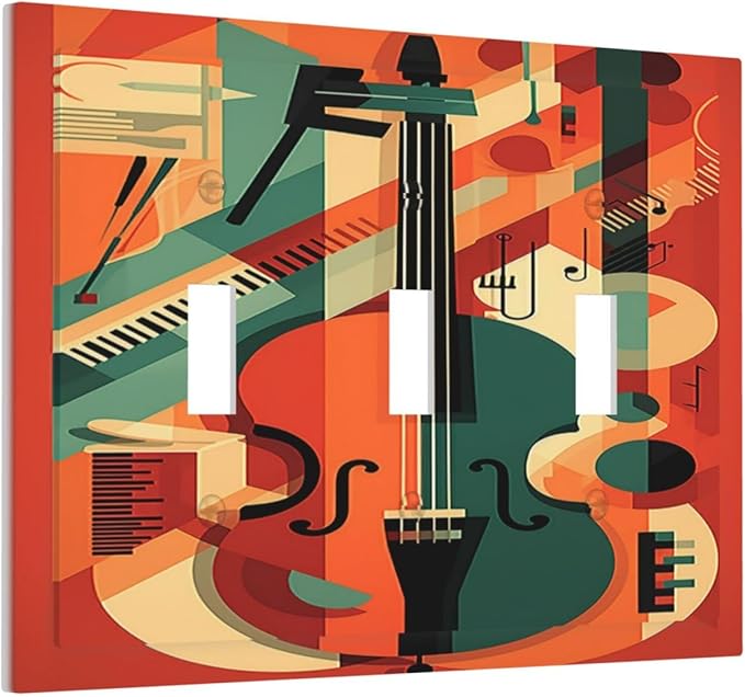 Decorative Switch Plates Violin Abstract Jazz Colorful Painting 3 Gang Wall Plate Triple Toggle Light Switch Cover Faceplate Electrical Wall Panels for living Room Office Decor