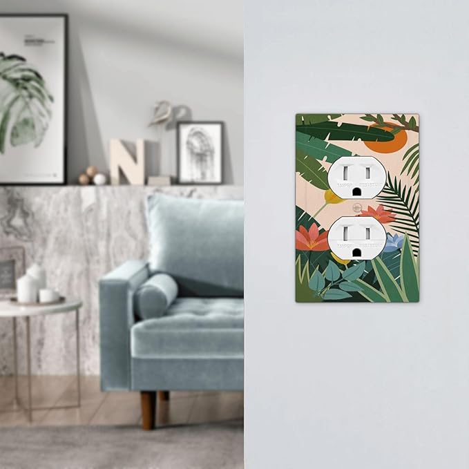 Outlet Covers Boho Tropical Plant Floral Pattern 1 Gang Duplex Wall Plate Decorative Switch Plates Electrical Receptacle Faceplate Light Switch Cover for Bedroom Cabin Decor