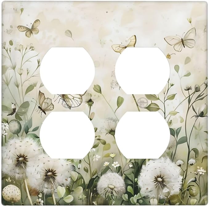Dandelions Butterflies Watercolor Wildflowers Floral Outlet Covers 2 Gang Double Duplex Decorative Light Switch Covers Electrical Wallplates Socket Faceplate for Bedroom Living Room Decor