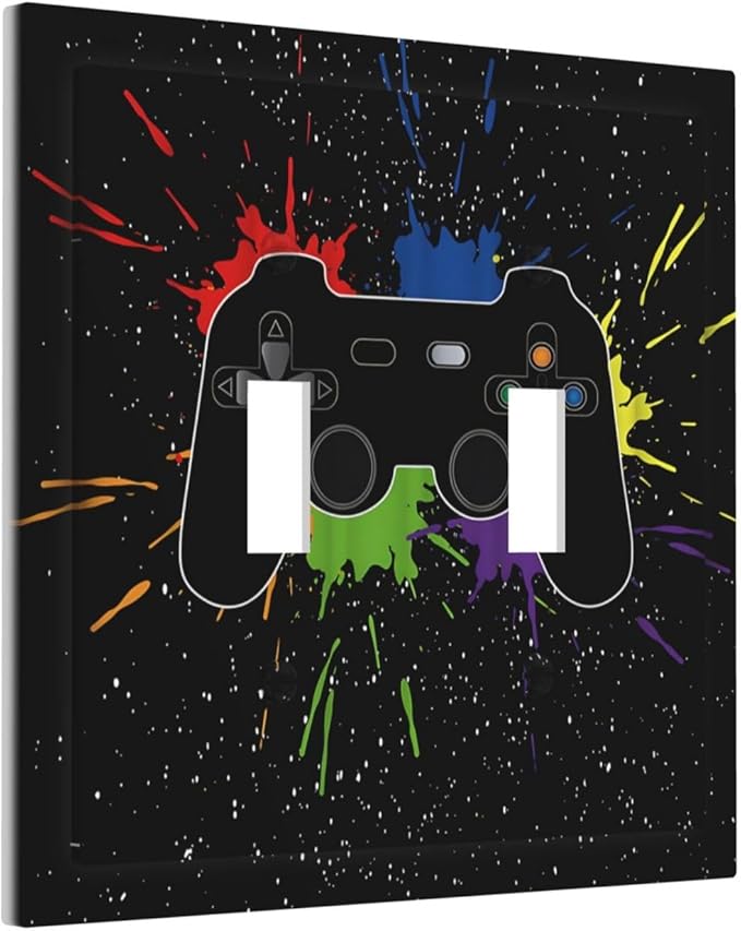 Classic Videogames Controller Black Splash Ink Colorful Decorative Switch Plates 2 Gang Double Toggle Outlet Light Switch Cover Wall Plate Electrical Faceplate for Kids Room Nursery Decor