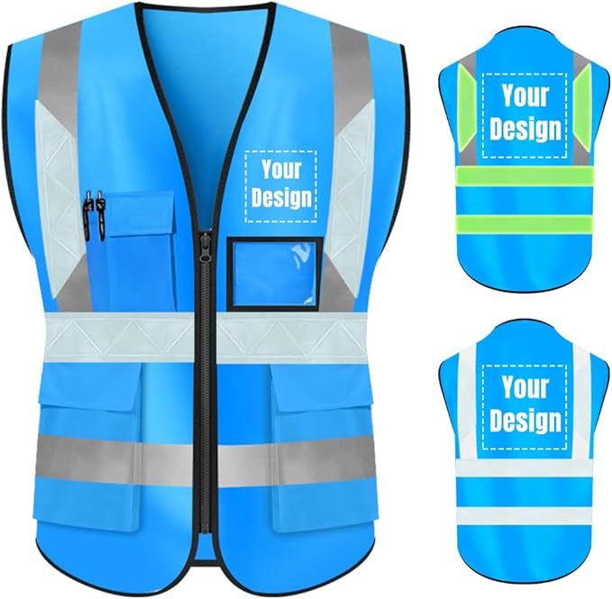 YOWESHOP High Visibility Safety Vest Custom Your Logo Protective Workwear 5 Pockets With Reflective Strips Outdoor Work Vest (S, Blue Luminous)