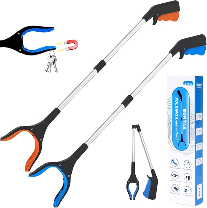 32" Reacher Grabber Pickup Tool 2 Pack, Foldable Seniors Handicap Daily and Trash Picker Upper Grabbers Daily Living Tools (Blue and Orange)
