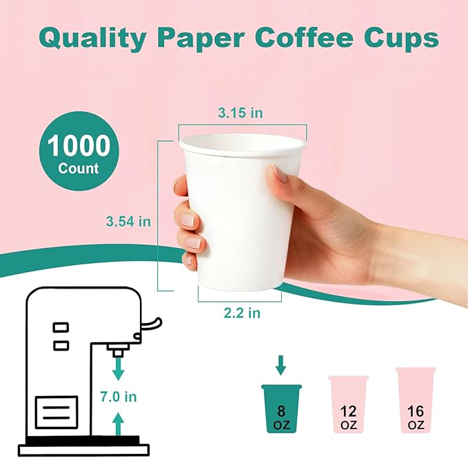 8 oz 1000 Pack Disposable Coffee Cups, Bulk White Disposable Paper Cups, Coffee Cups for Hot Tea, Chocolate and Cold Drinks